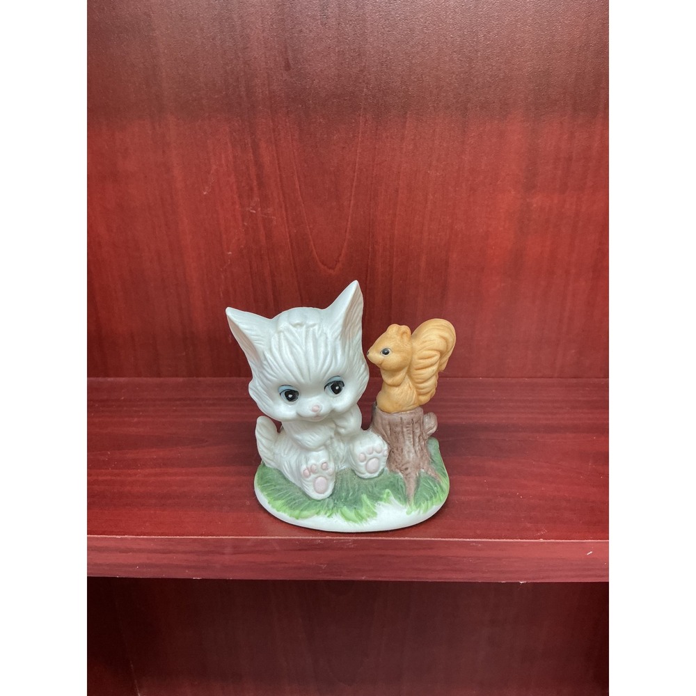 Adorable Ceramic Kitten and Squirrel Figurine Sitting on Tree Stump